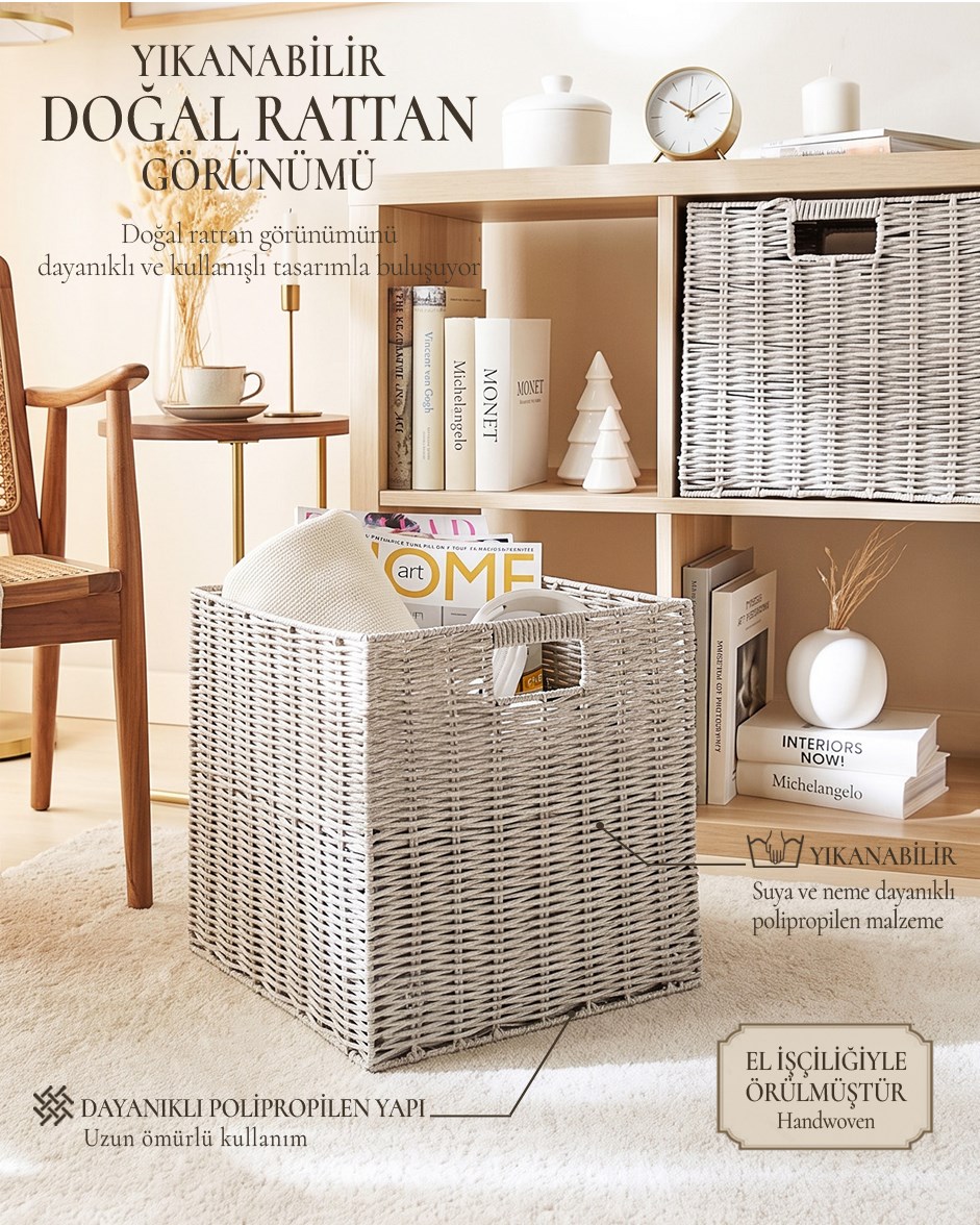 Yıkanabilir Gri PP Rattan Sepet 33 x 33 x 33 cm