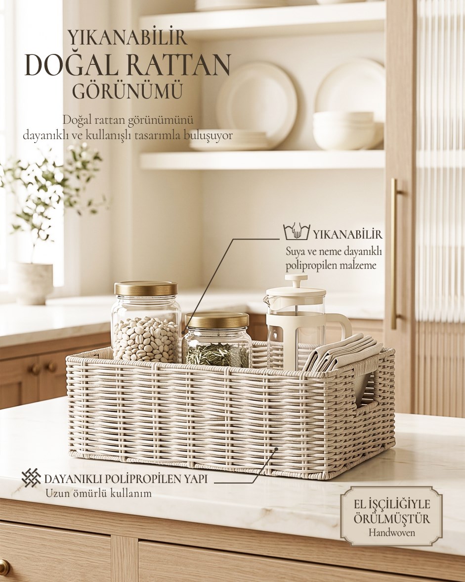Yıkanabilir Gri PP Rattan Sepet 39 x 29 x 13 cm