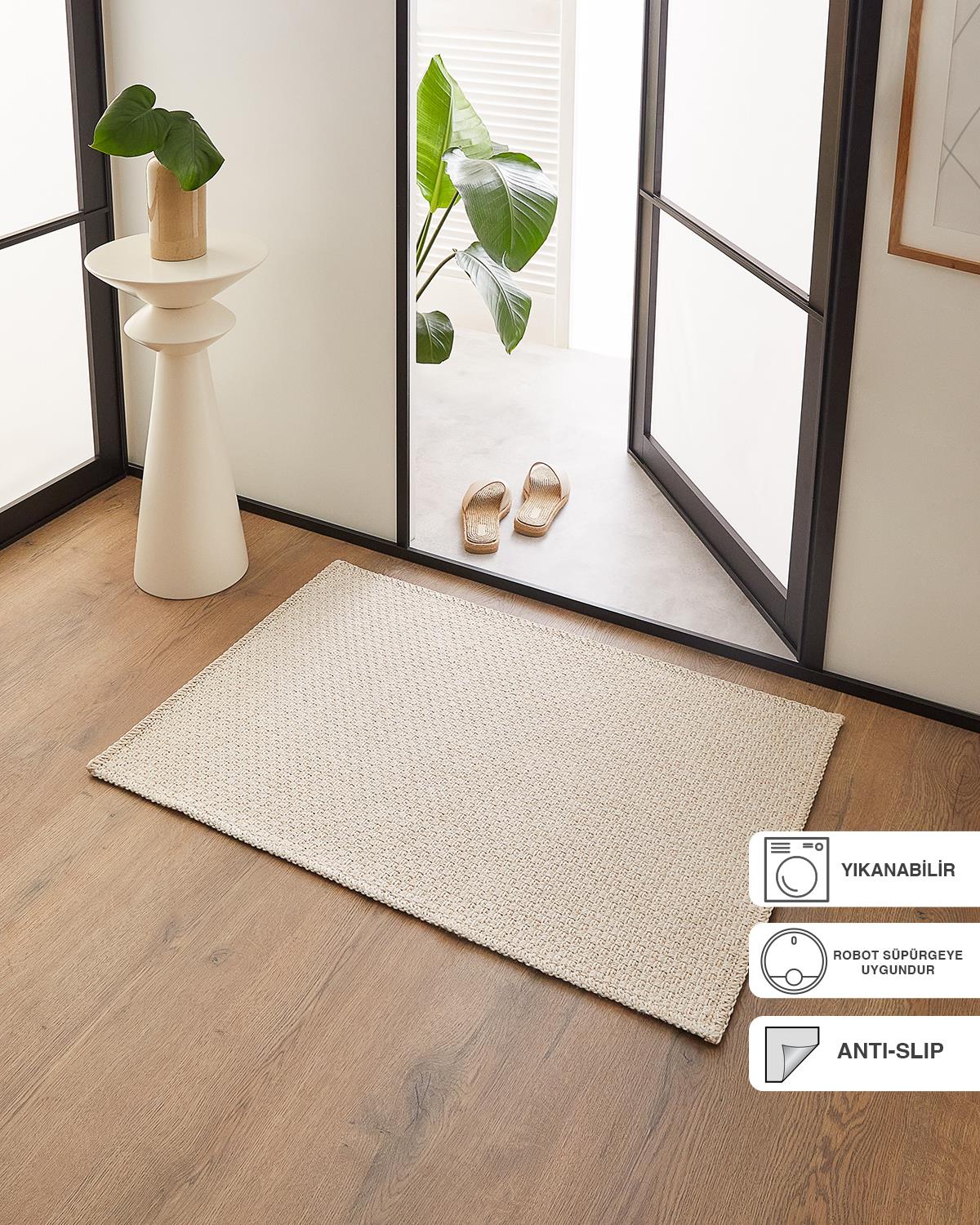 Yıkanabilir Jüt Görünümlü Krem Renk Hasır Desenli Paspas 60 x 90 cm