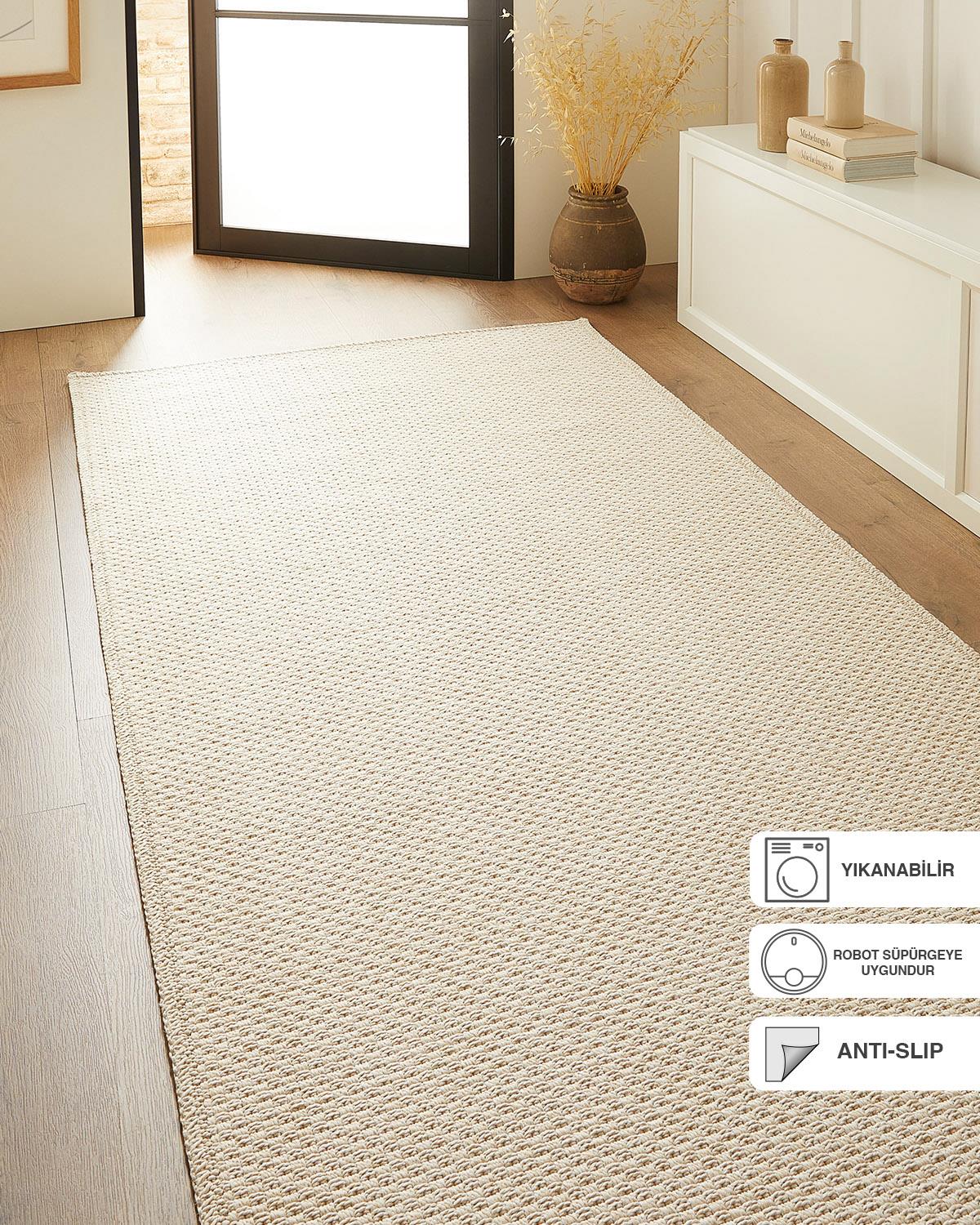 Yıkanabilir Jüt Görünümlü Krem Renk Hasır Desenli Halı Kilim 100 x 300 cm