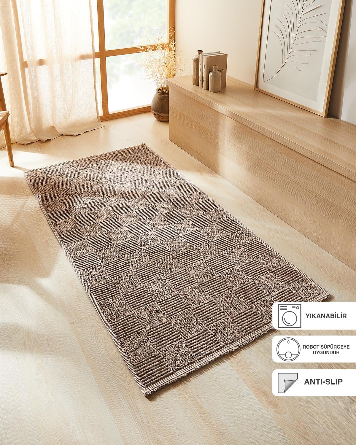 Yıkanabilir Pamuklu Bej Renk Dama Desen Kilim 120 x 180 cm