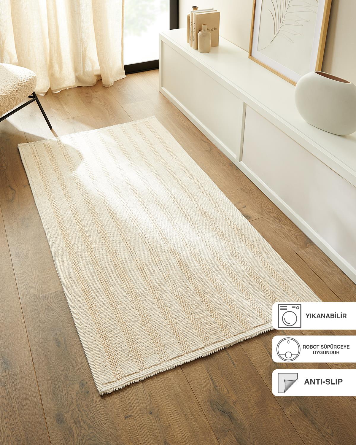 Yıkanabilir Pamuklu Ekru Renk Çizgi Desen Kilim 120 x 180 cm