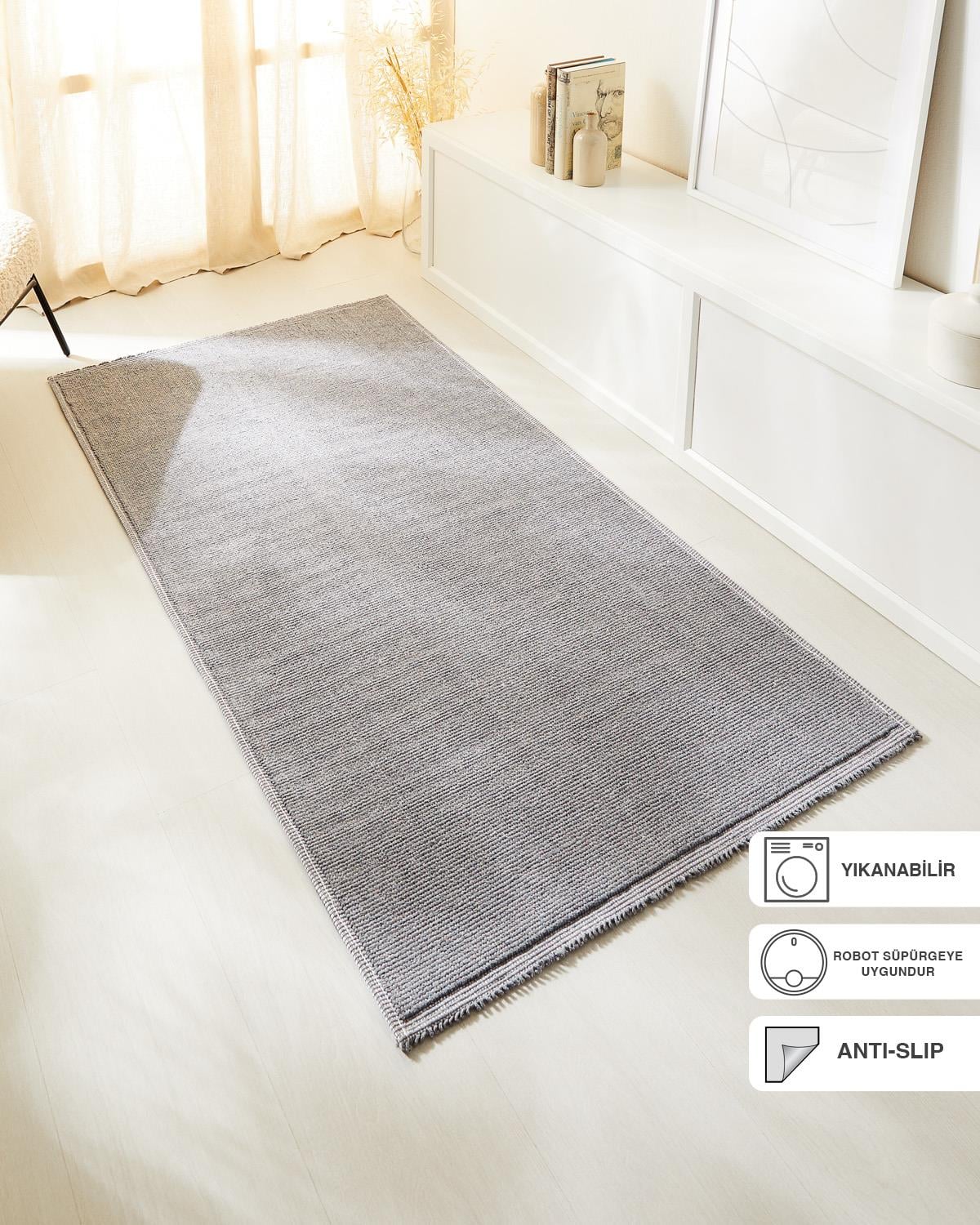 Yıkanabilir Pamuklu Gri Renk Buklet Kilim 120 x 180 cm