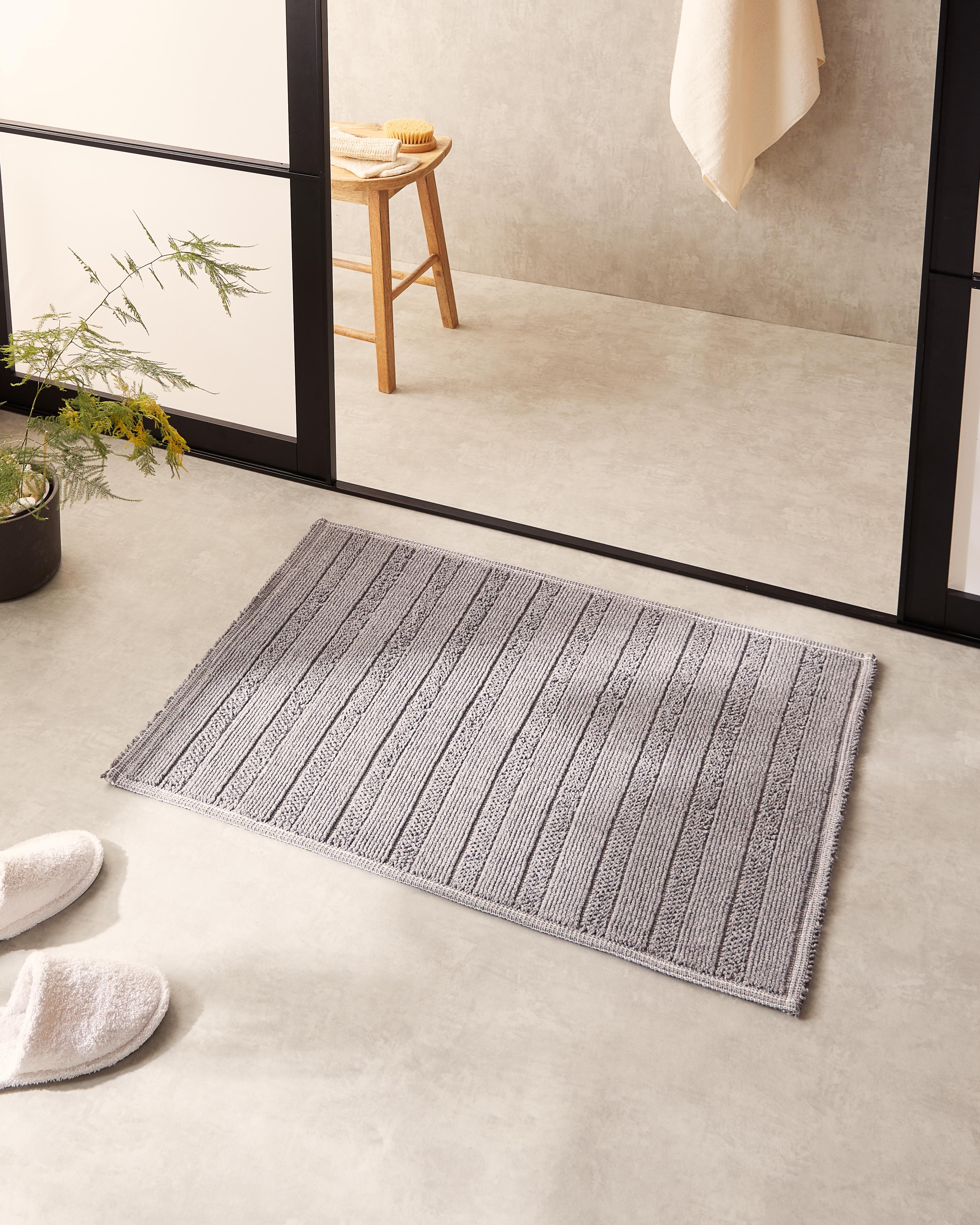 Yıkanabilir Pamuklu Gri Renk Çizgi Desen Banyo Paspası 60 x 90 cm