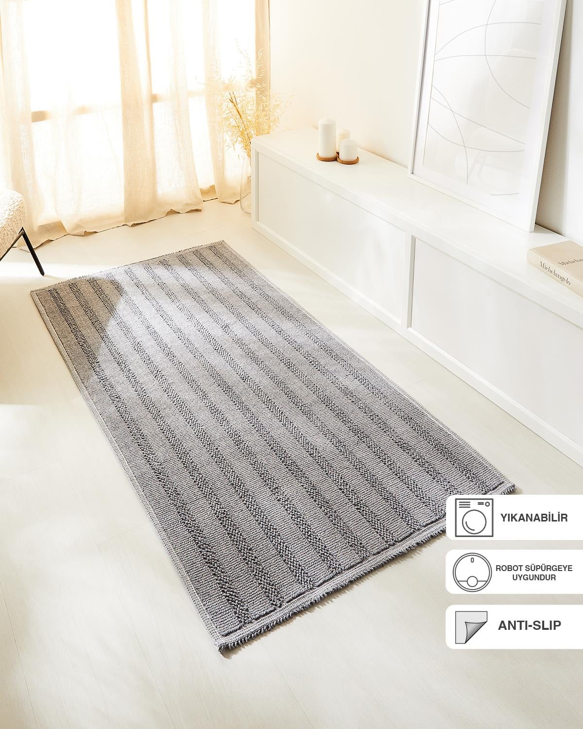 Yıkanabilir Pamuklu Gri Renk Çizgi Desen Kilim 120 x 180 cm