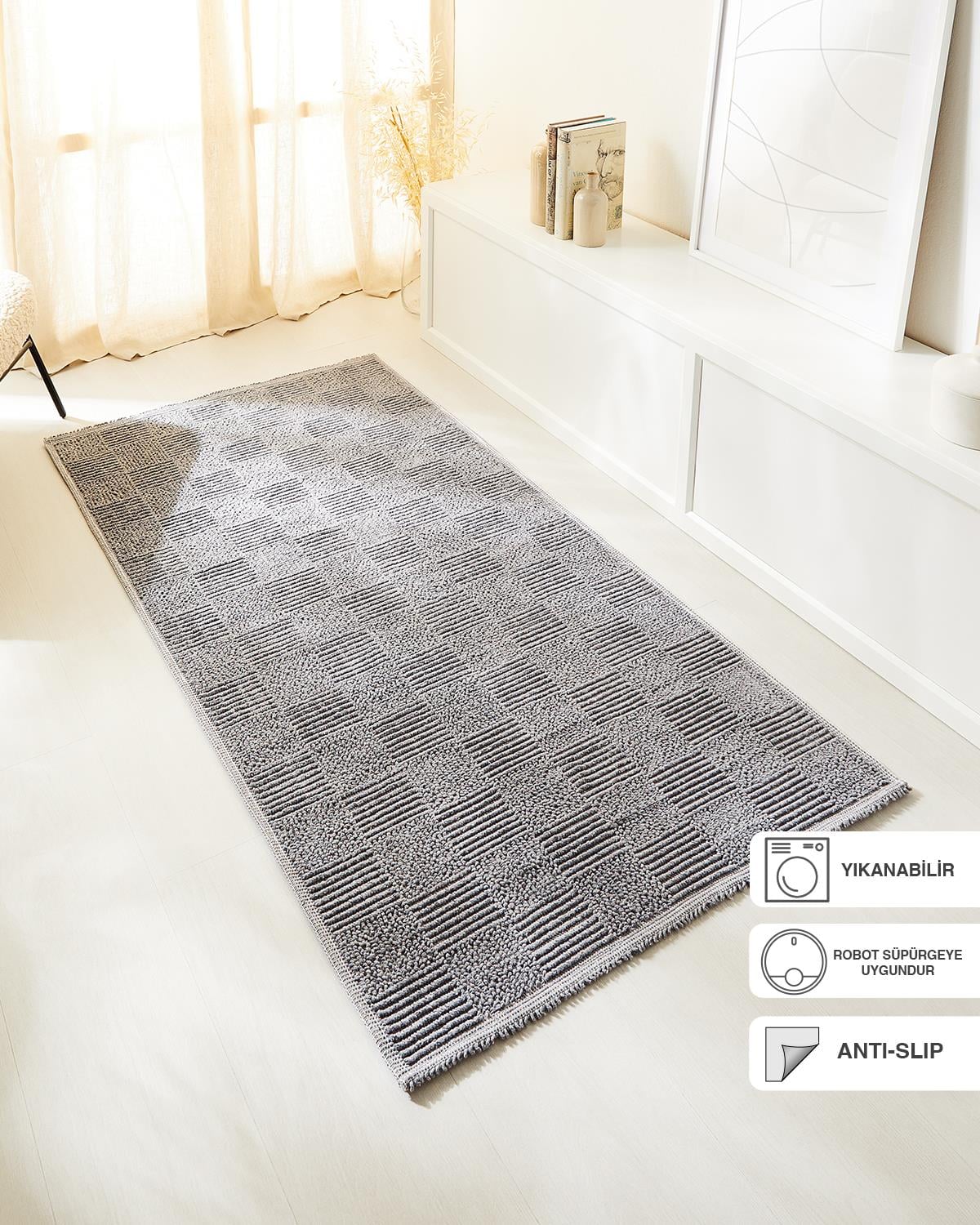 Yıkanabilir Pamuklu Gri Renk Dama Desen Kilim 120 x 180 cm