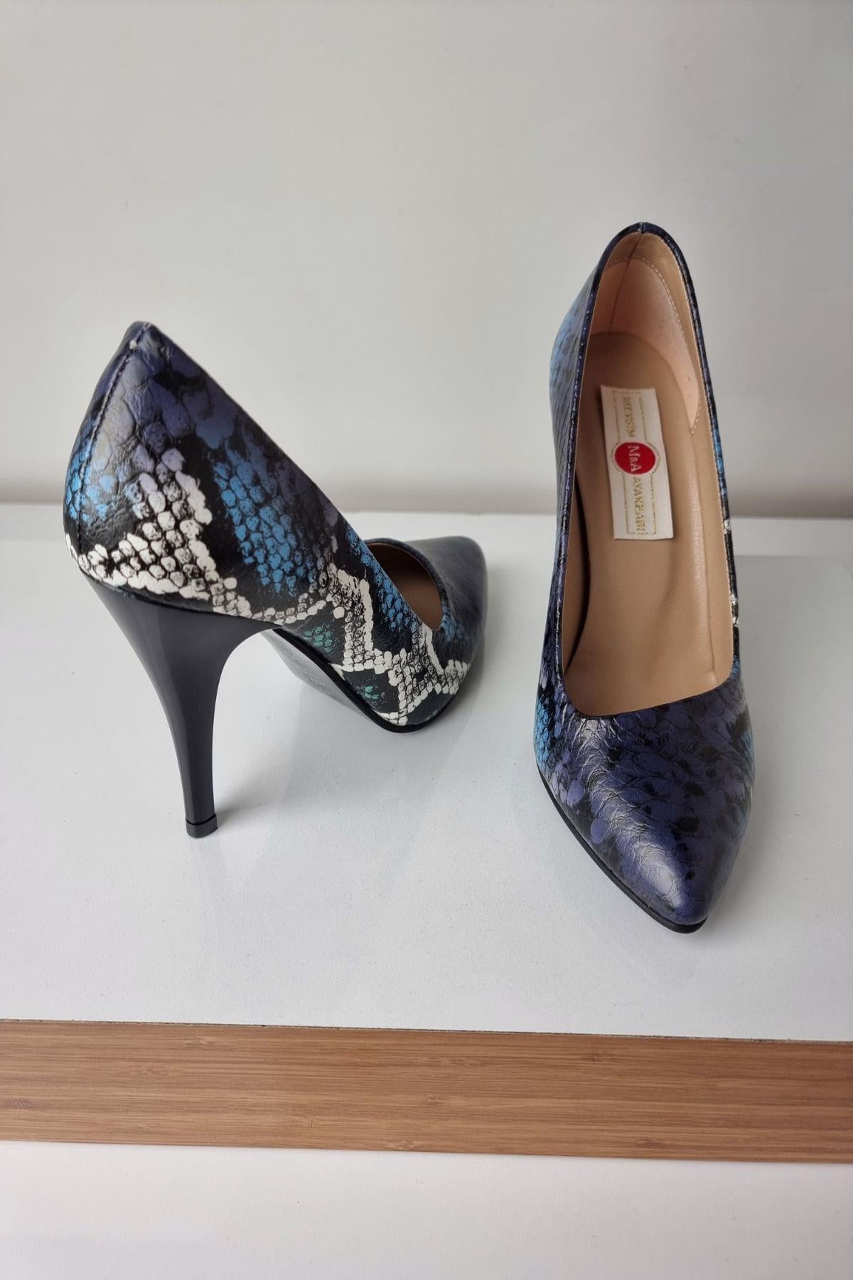 1150 Kadın Stiletto Topuklu Ayakkabı Lacivert Yılan