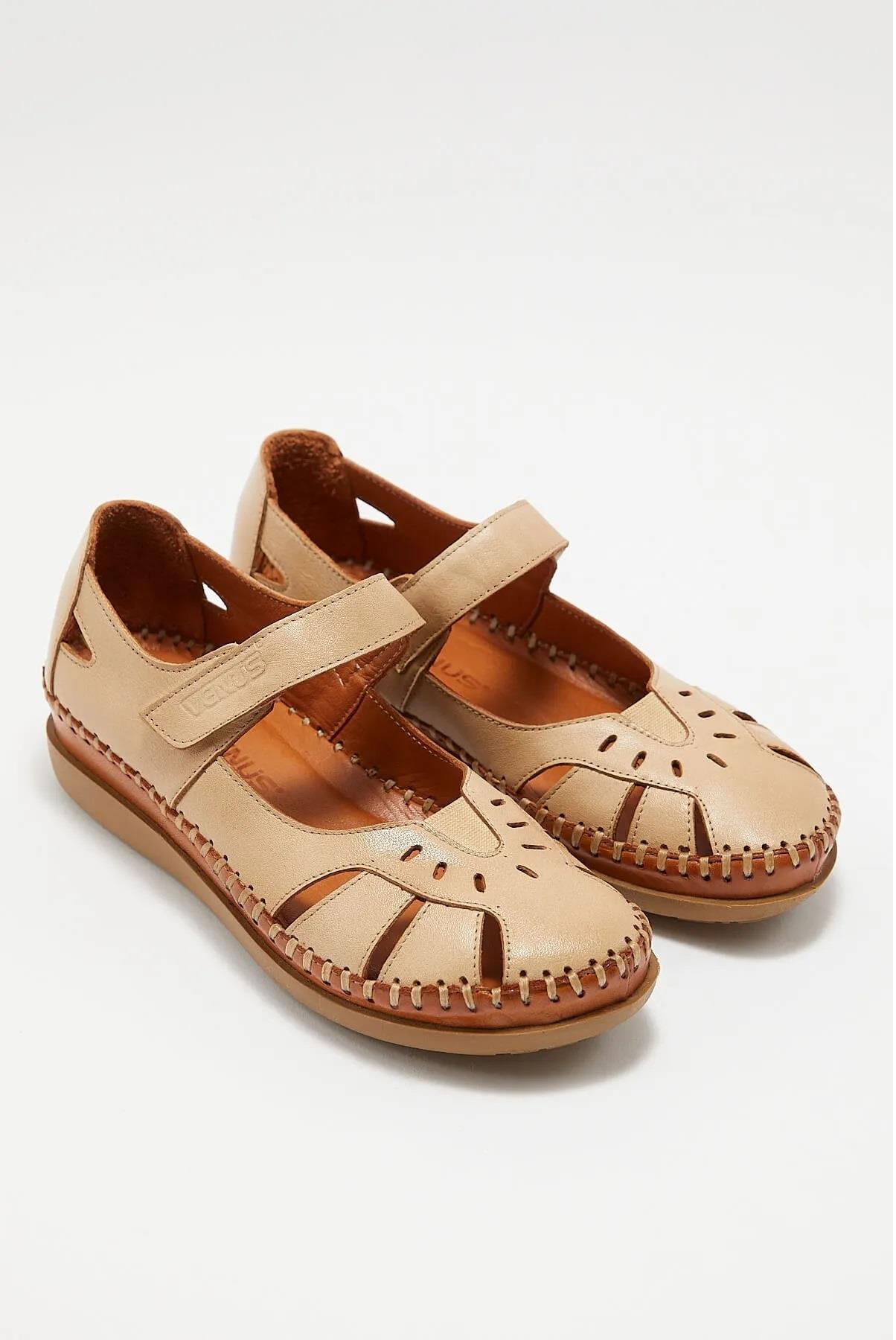 22793524 Kadın Comfort Hakiki Deri Sandalet  Bej