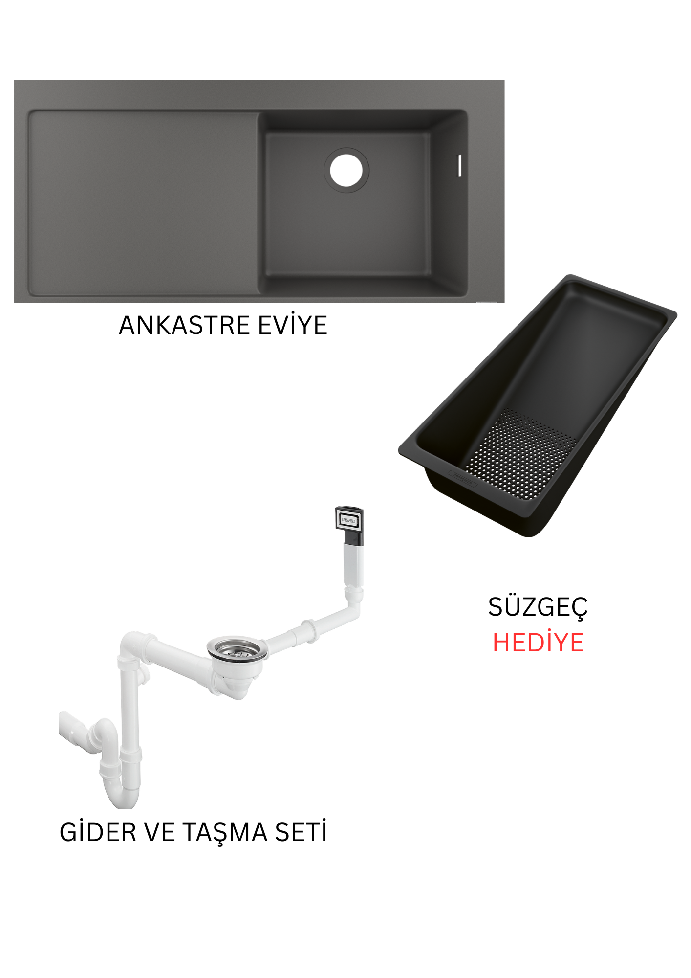 Ankastre eviye 1030/490 sol damlalık ile Taş Gri