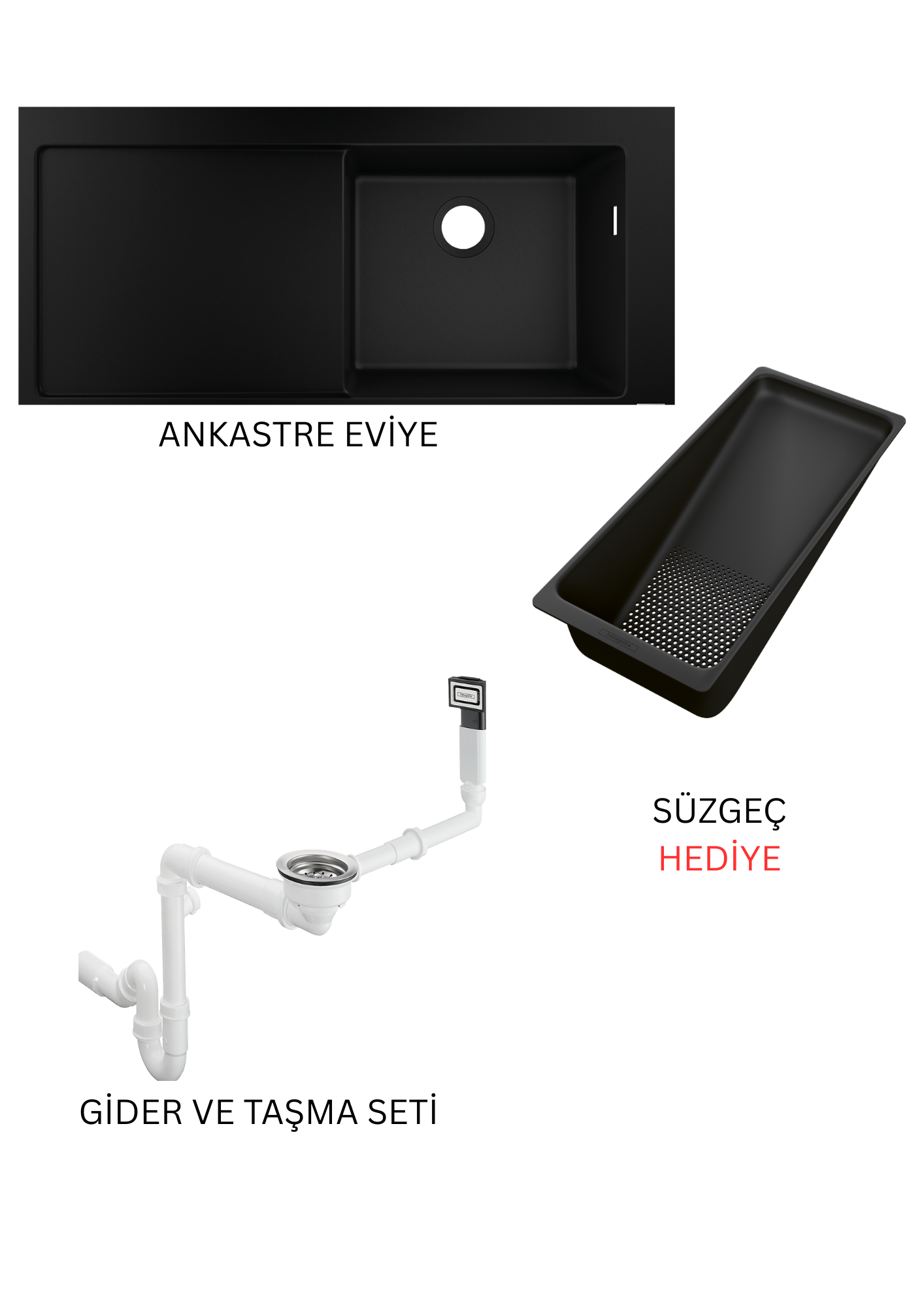 Ankastre eviye 1030/490 sol damlalık ile Grafit Siyahı