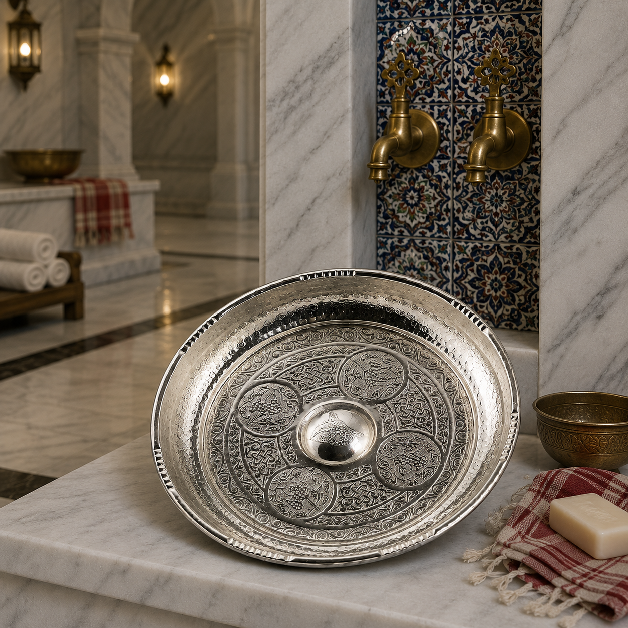 Osmanlı Desenli El İşlemeli Krom Kurna Tası