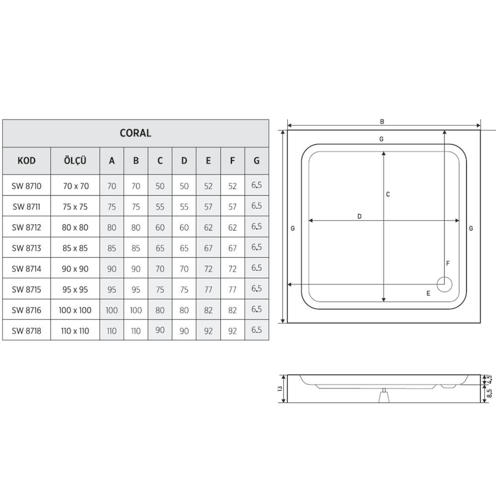 SHOWER CORAL MONOBLOK KARE DUŞ TEKNESİ