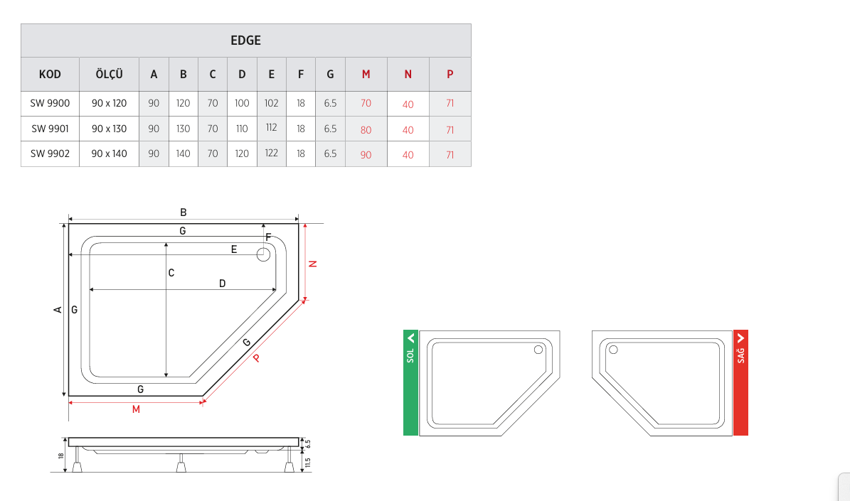 SHOWER EDGE BEŞGEN SAĞ - SOL DUŞ TEKNESİ