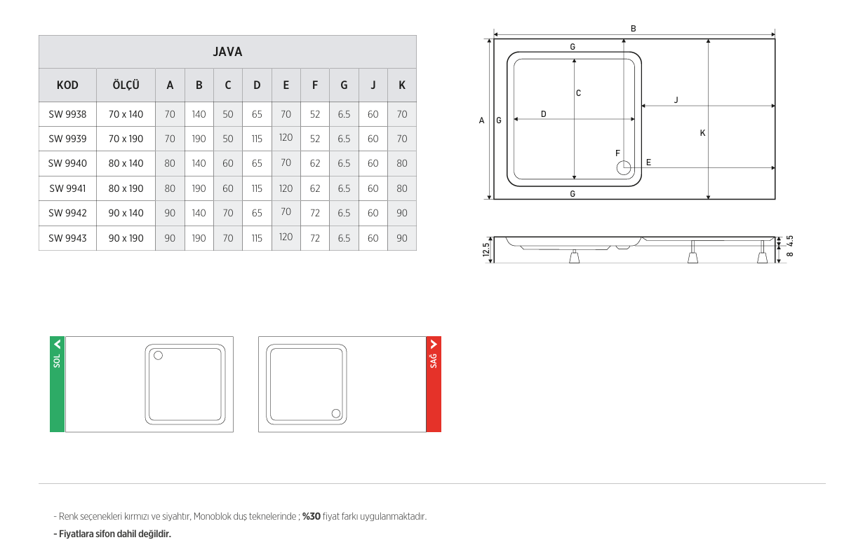 SHOWER JAVA ÖZEL KESİM DİKDÖRTGEN MONOBLOK  DUŞ TEKNESİ