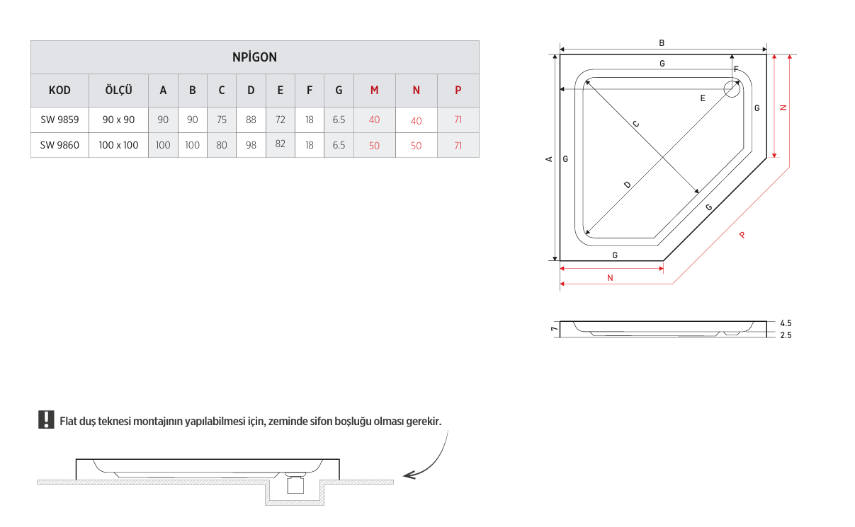 SHOWER NPİGON BEŞGEN FLAT DUŞ TEKNESİ