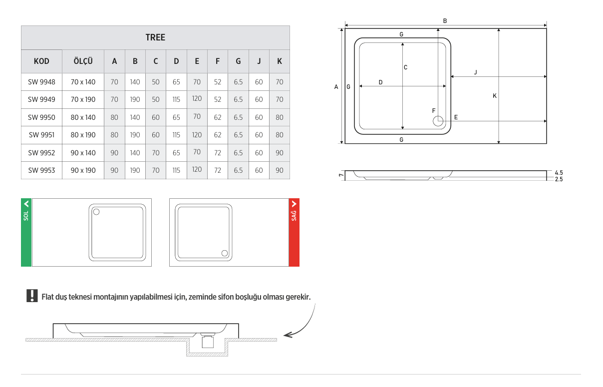 SHOWER TREE ÖZEL KESİM DİKDÖRTGEN FLAT DUŞ TEKNESİ