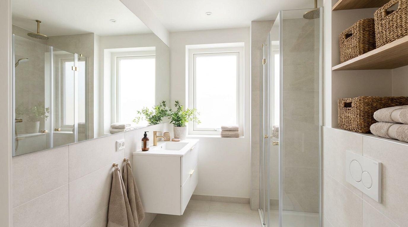 küçük banyo dekorasyonu,modern küçük banyo,ferah banyo tasarımı,banyo dolabı,cam duşakabin,selina banyo
