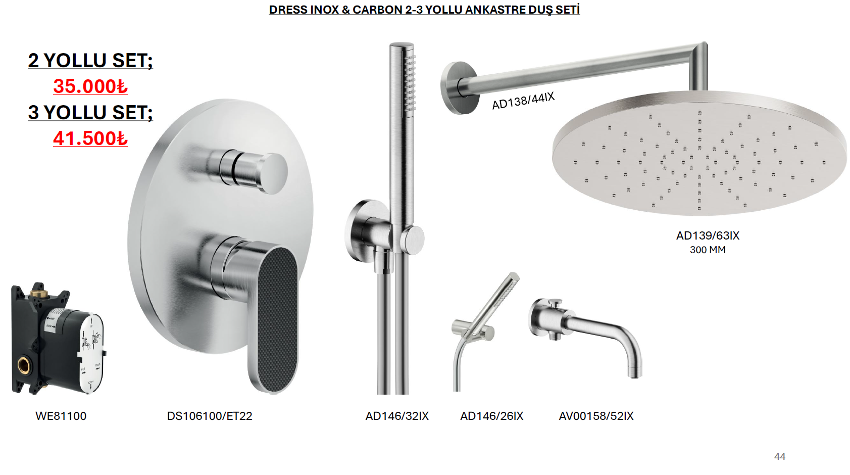 dress inox ve karbon 2-3 yollu ankastre duş seti