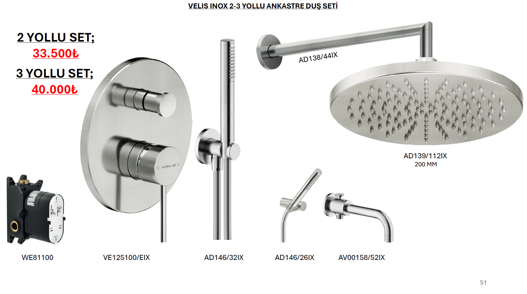 velis krom 2-3 yollu ankastre duş seti