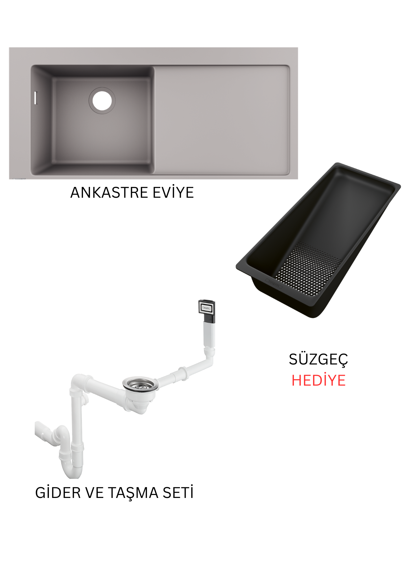 Ankastre eviye 1030/490 sag damlalık ile Beton Grisi