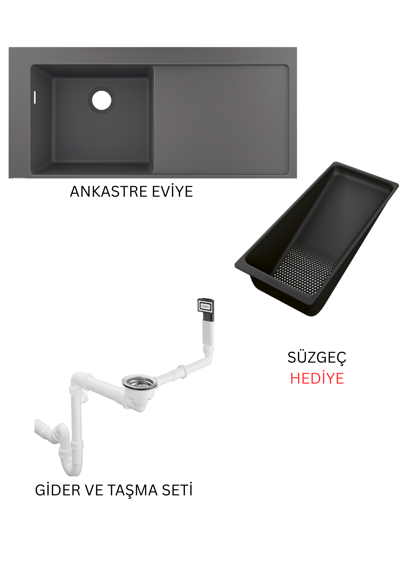 Ankastre eviye 1030/490 sag damlalık ile Tas Grisi