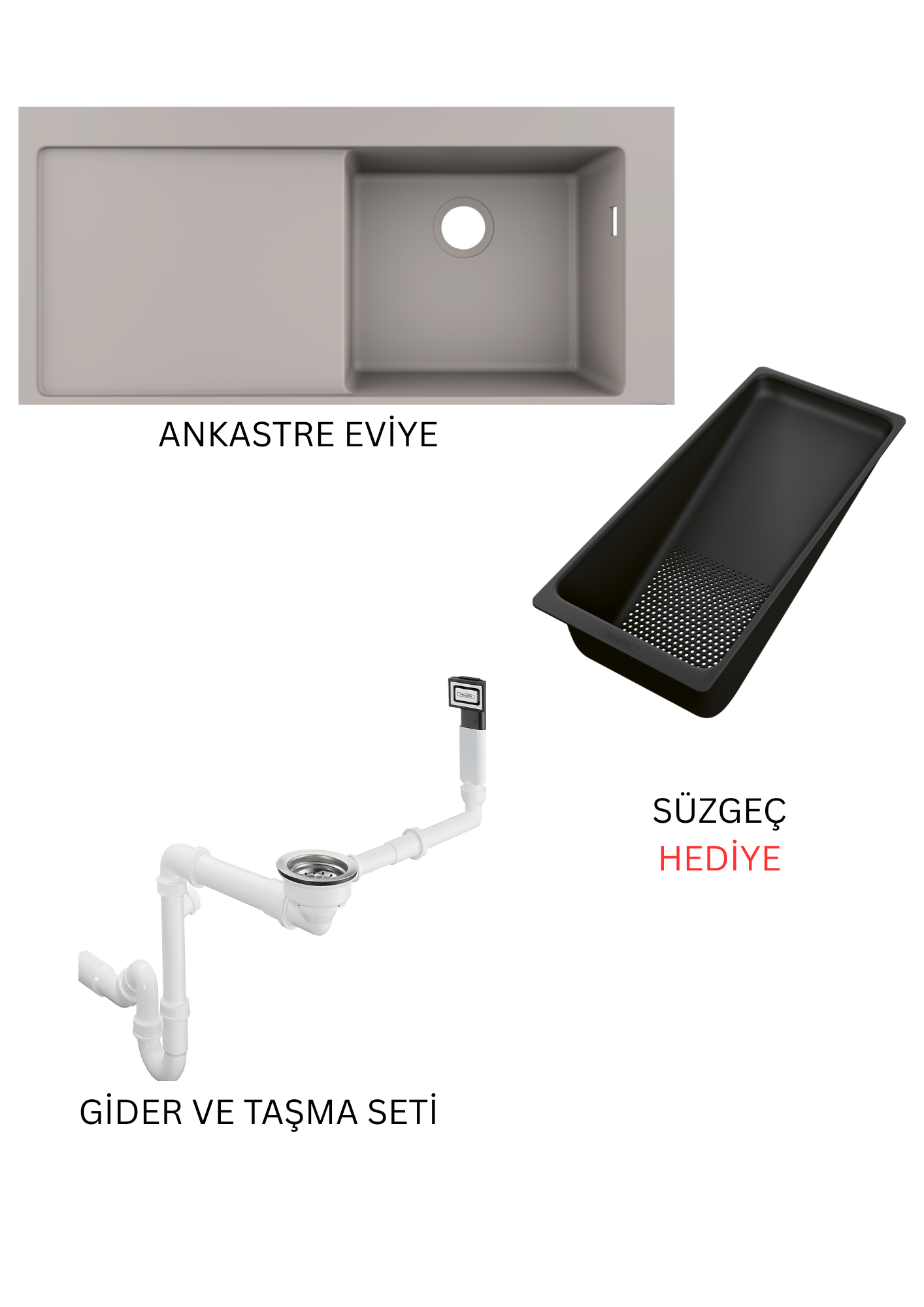 Ankastre eviye 1030/490 sol damlalık ile Beton Gri