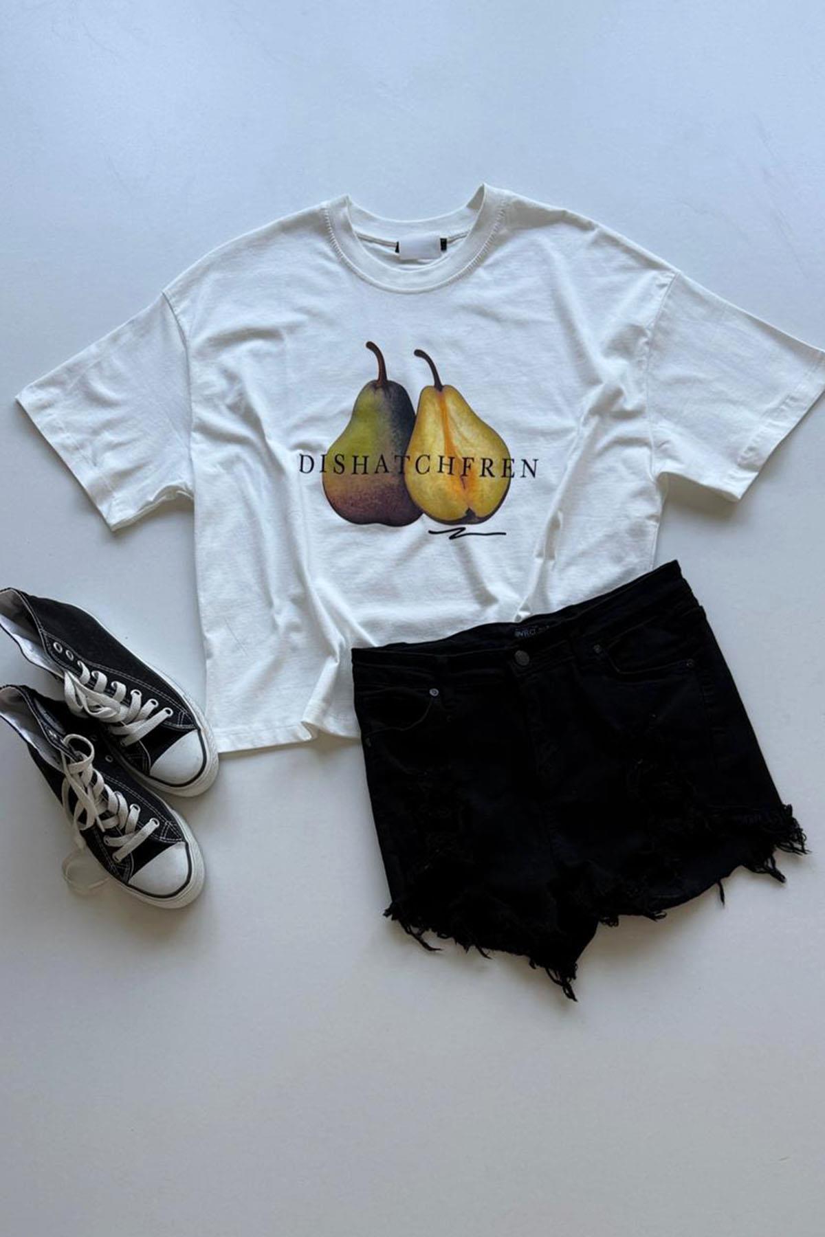 Kadın Armut Baskılı Tshirt - EKRU