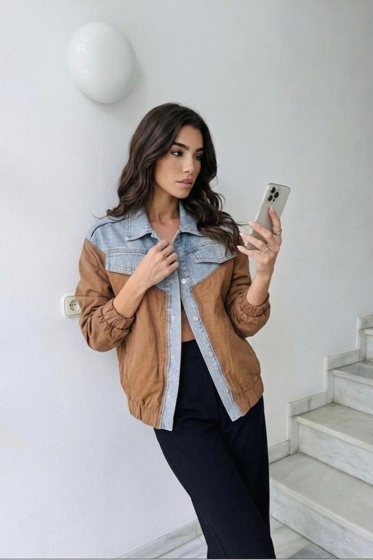 Kadın Baharlık Kot Garnili Mont Ceket - KAR YIKAMA