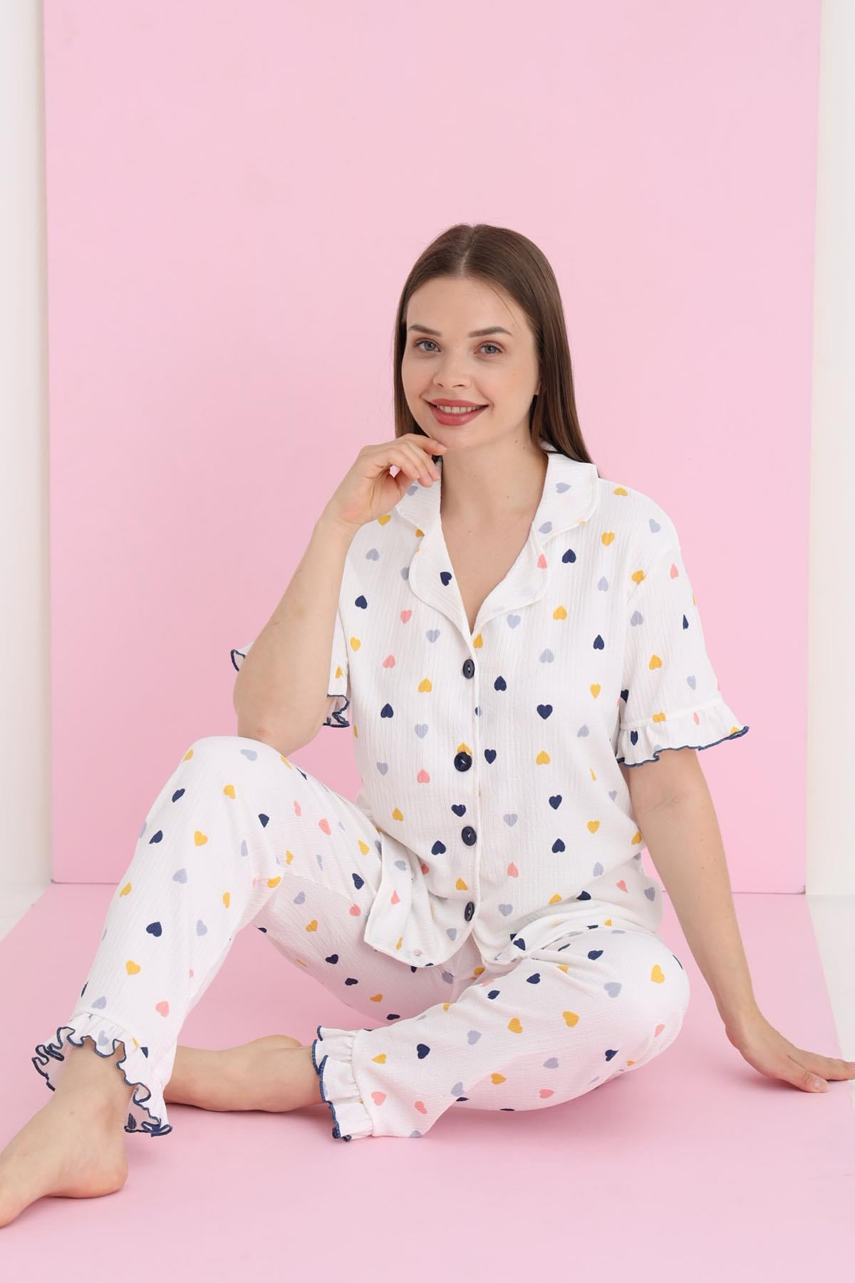 Kadın Bürümcük Kalp Desenli Düğmeli Şort Pijama Takım - BEYAZ
