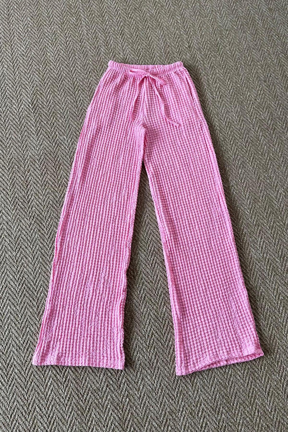 Kadın Bürümcük Kumaş Bol Paça Pantolon - PEMBE