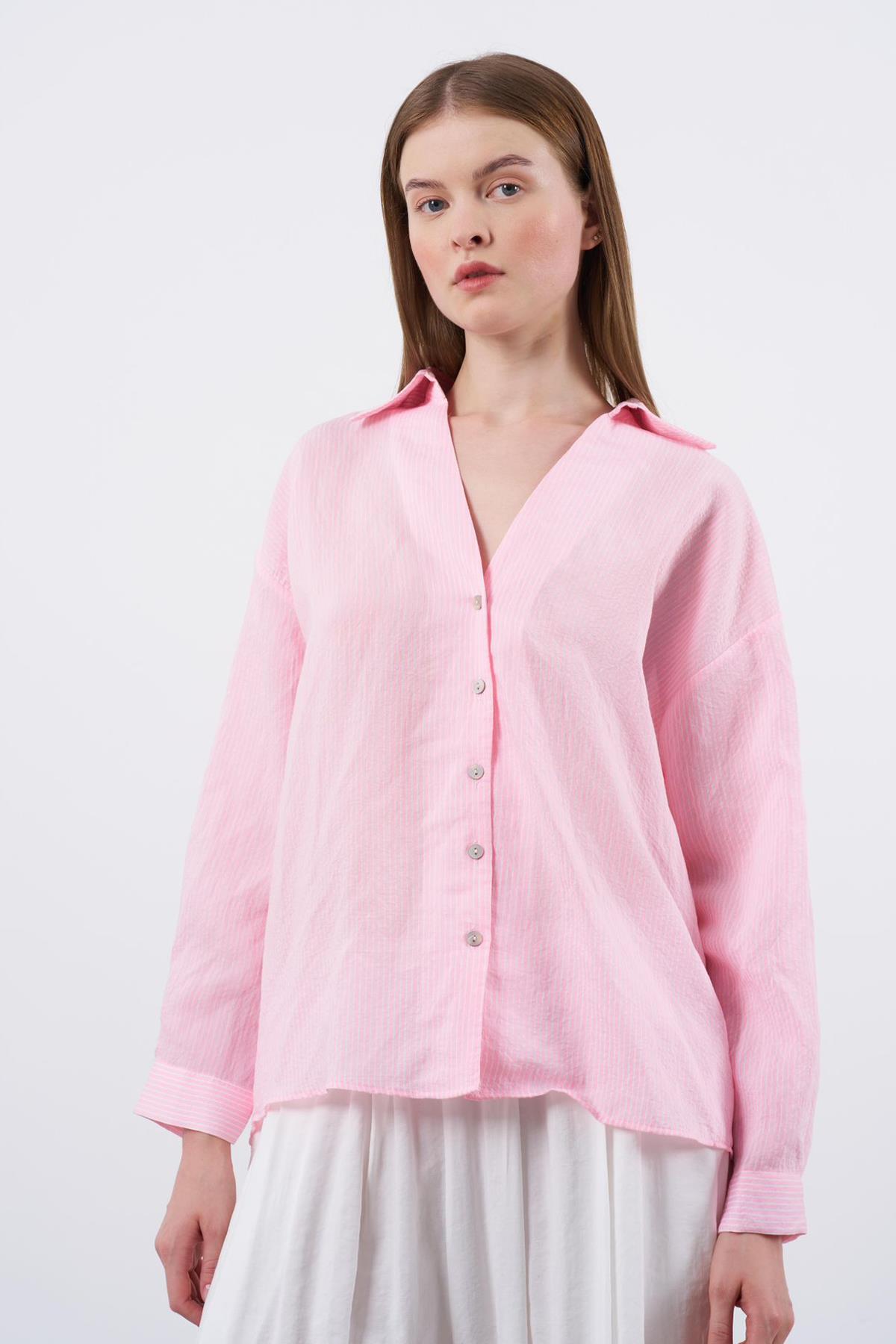 Kadın Çizgili Oversize Gömlek - PEMBE BEYAZ