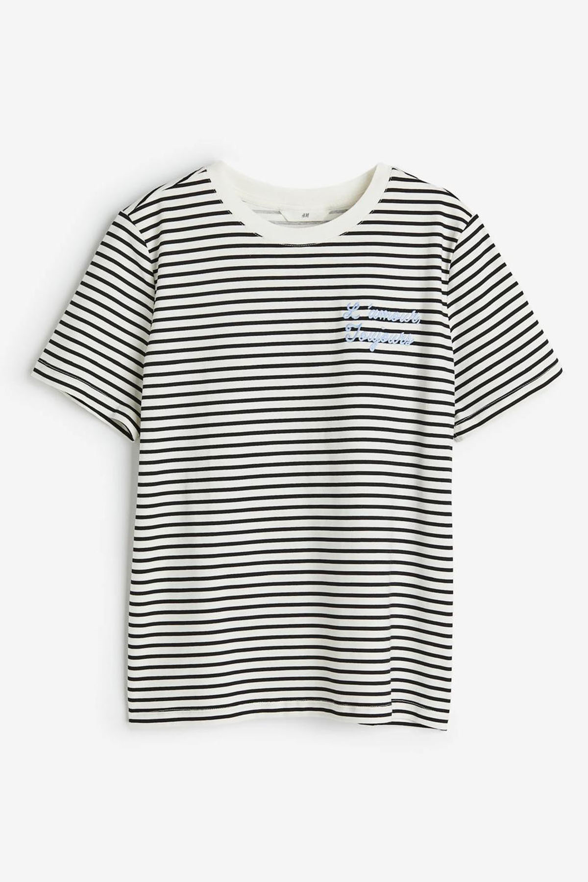 Kadın Çizgili Yazı Nakışlı Tshirt - SİYAH