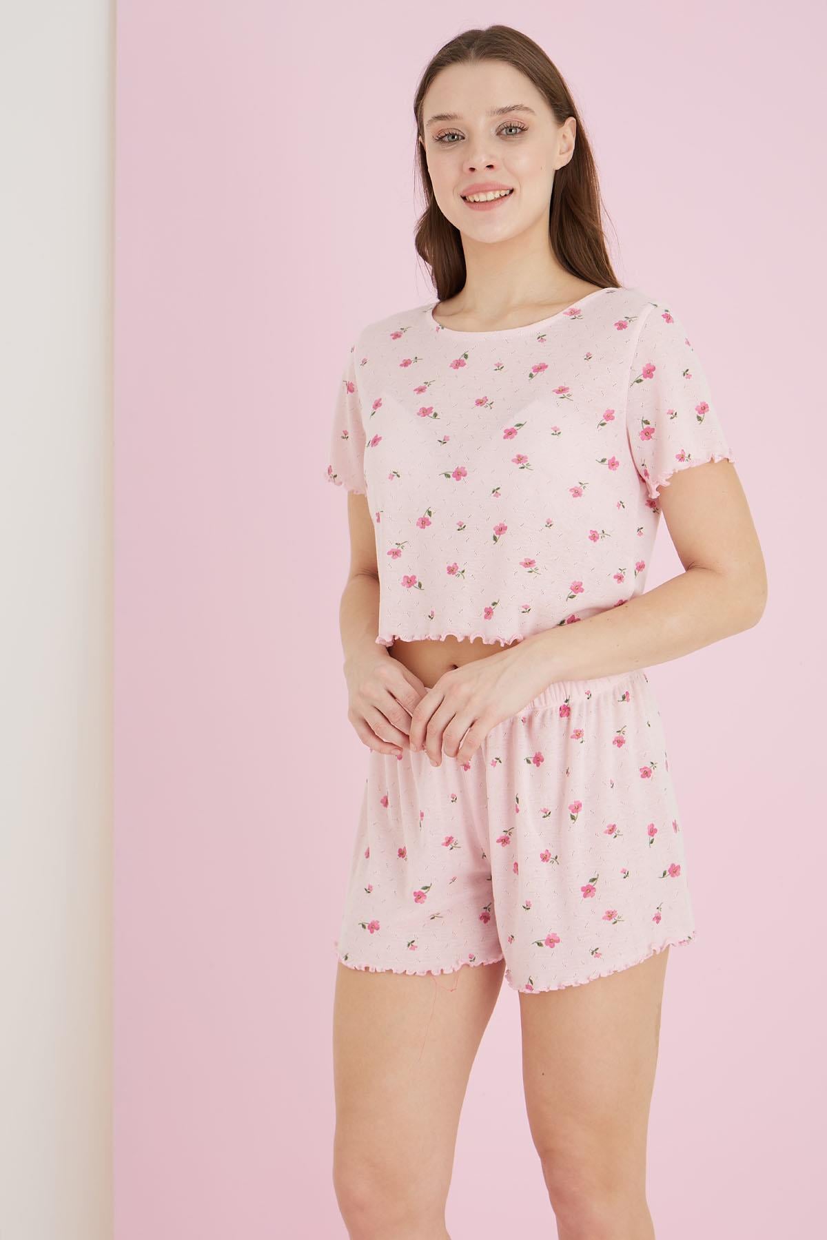 Kadın Jakarlı Çiçek Desenli Şort Pijama Takım - PEMBE