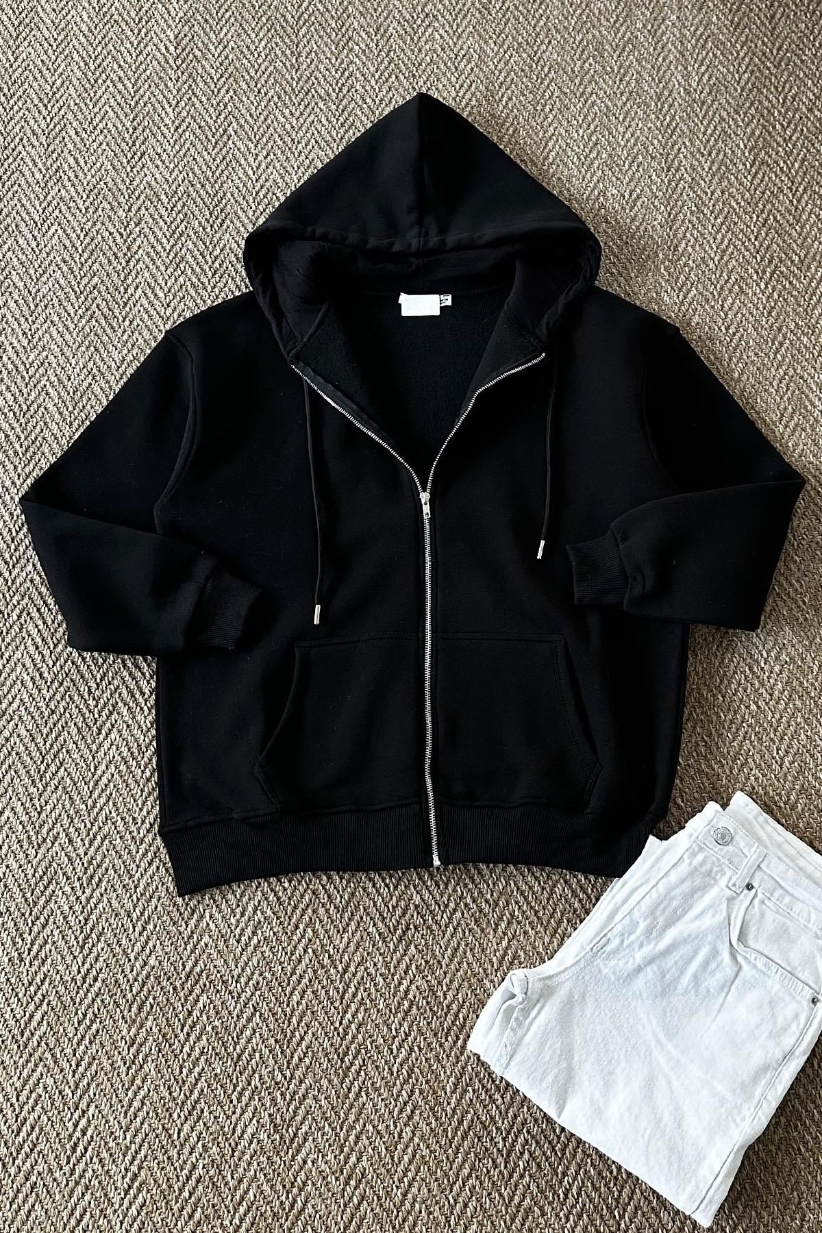 Kadın Kapüşonlu Fermuarlı Uzun Sweatshirt - SİYAH