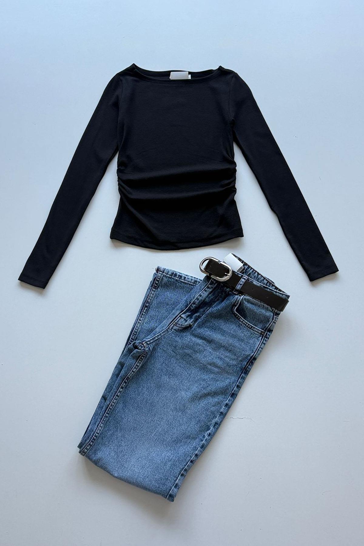 Kadın Kayık Yaka Büzgülü Modal Body - SİYAH