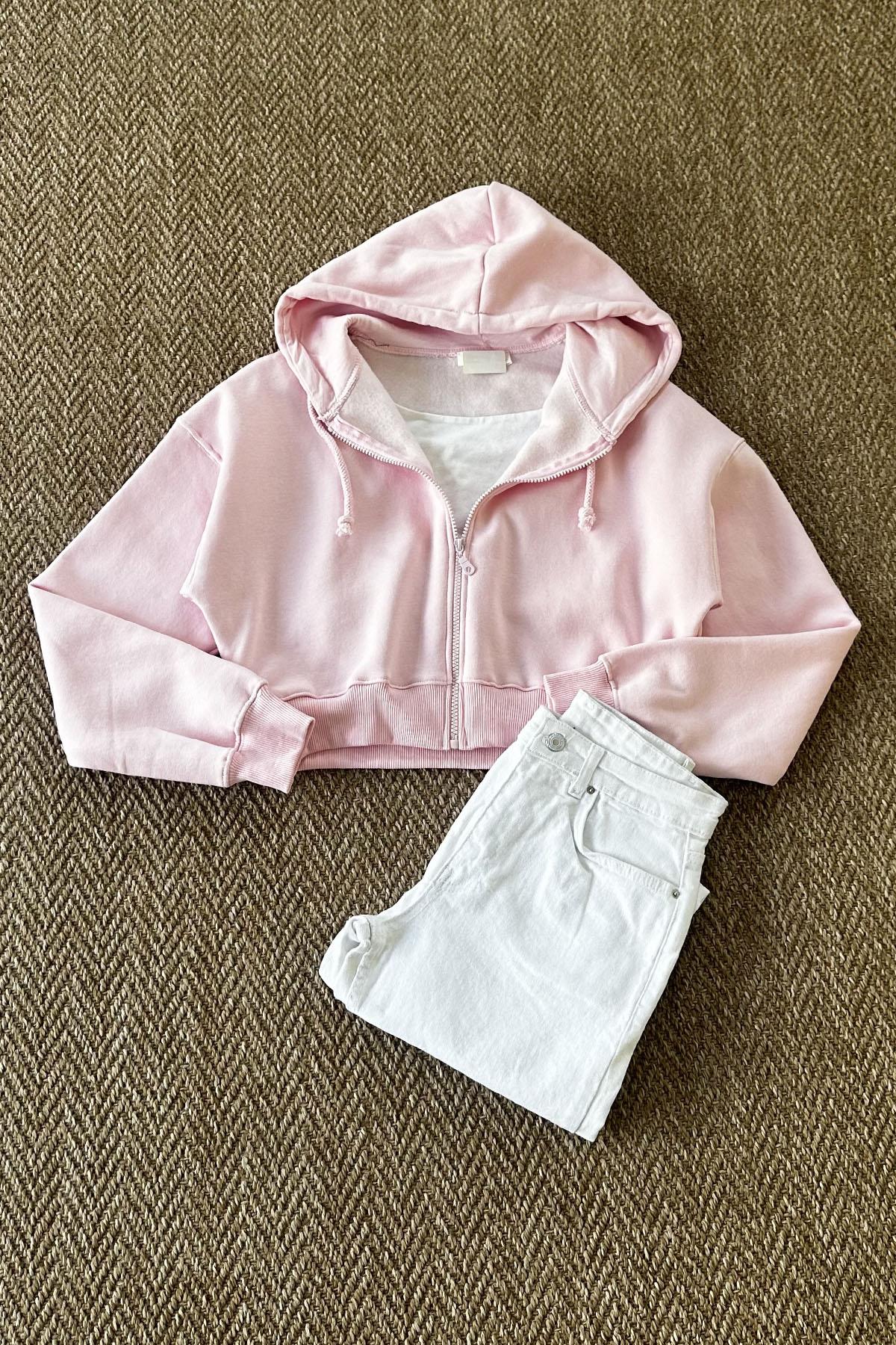 Kadın Kısa Fermuarlı Kapüşonlu Sweatshirt - PEMBE