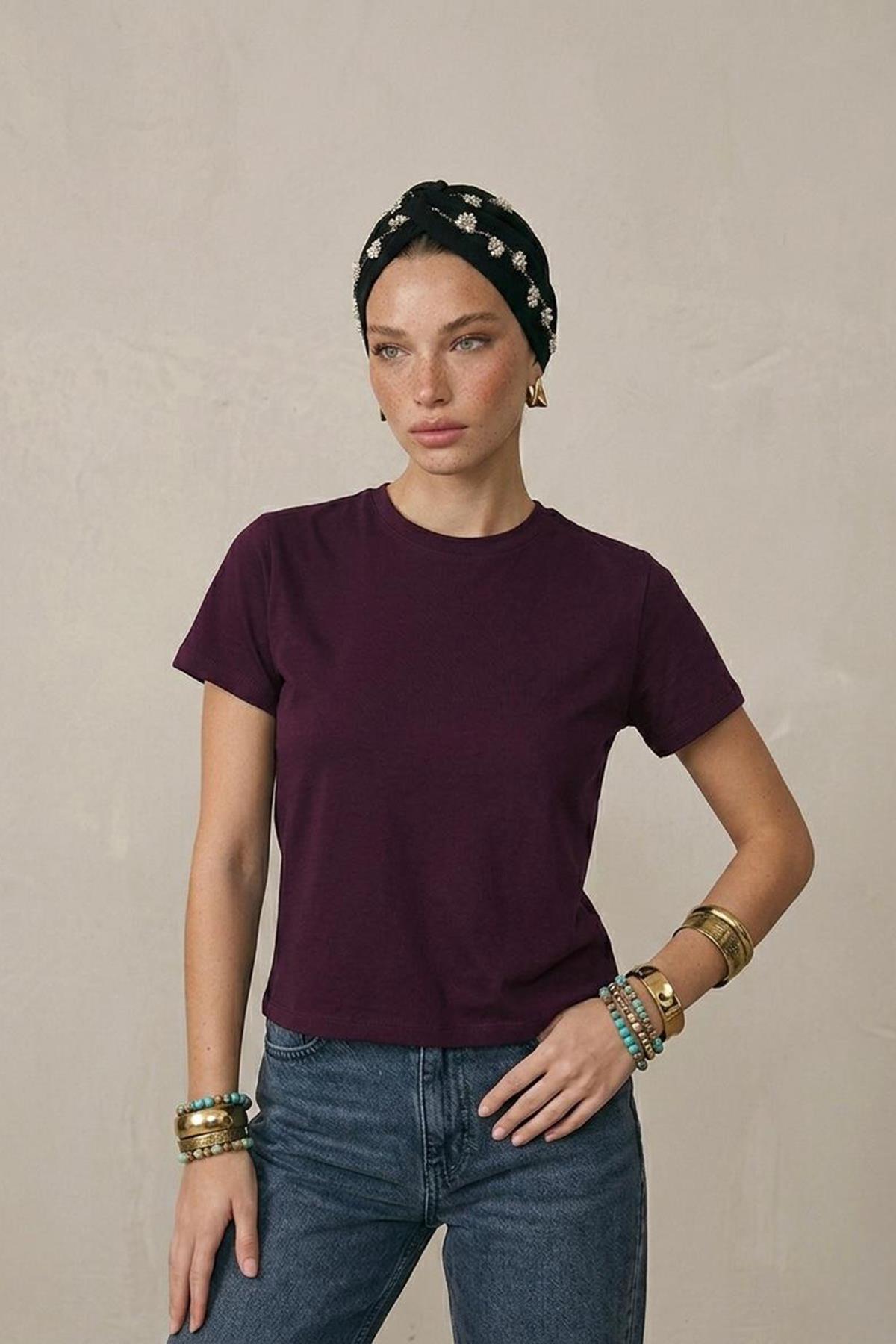 Kadın Kısa Kollu Crop Tshirt - BORDO