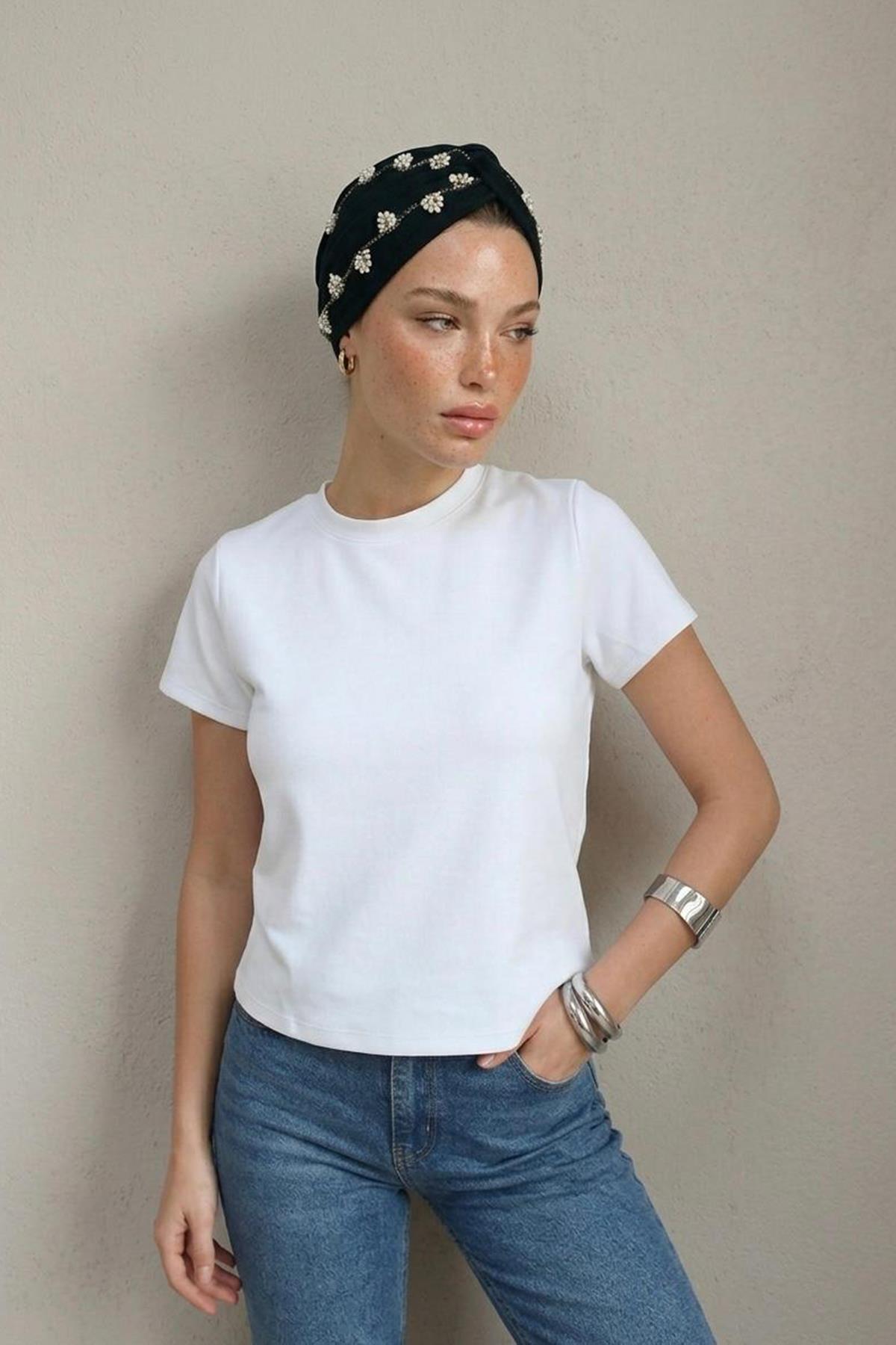 Kadın Kısa Kollu Crop Tshirt - EKRU