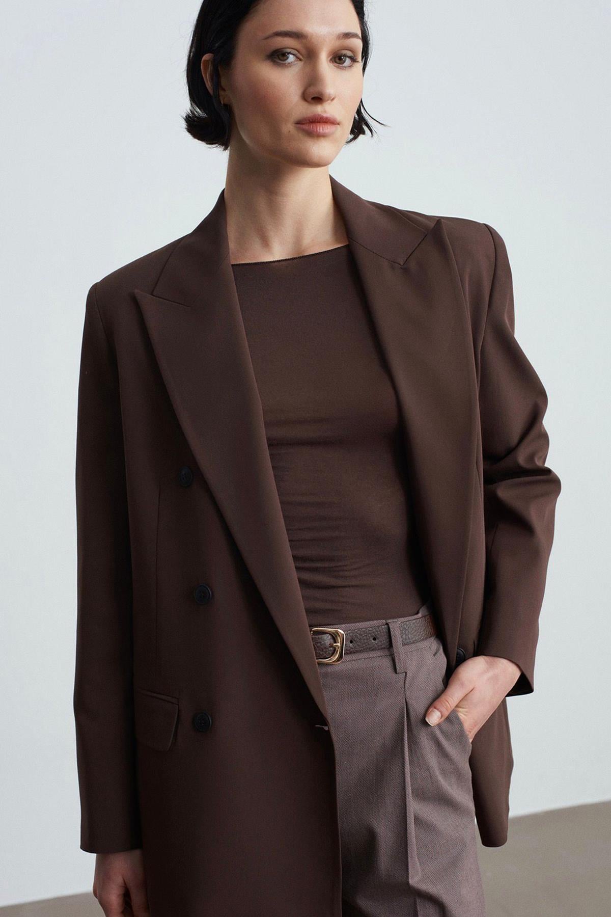 Kadın Kruvaze Blazer Ceket - KAHVE