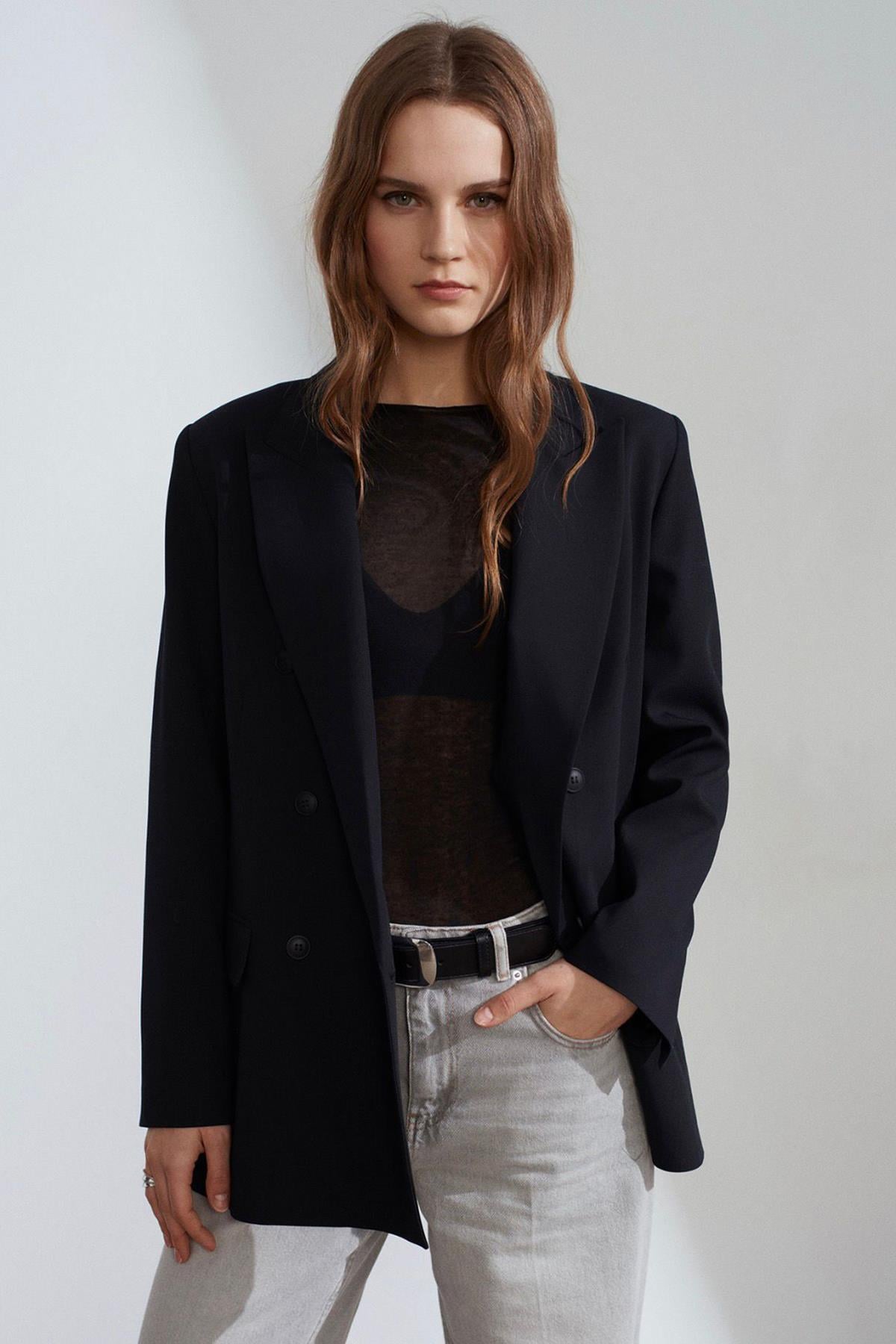 Kadın Kruvaze Blazer Ceket - SİYAH