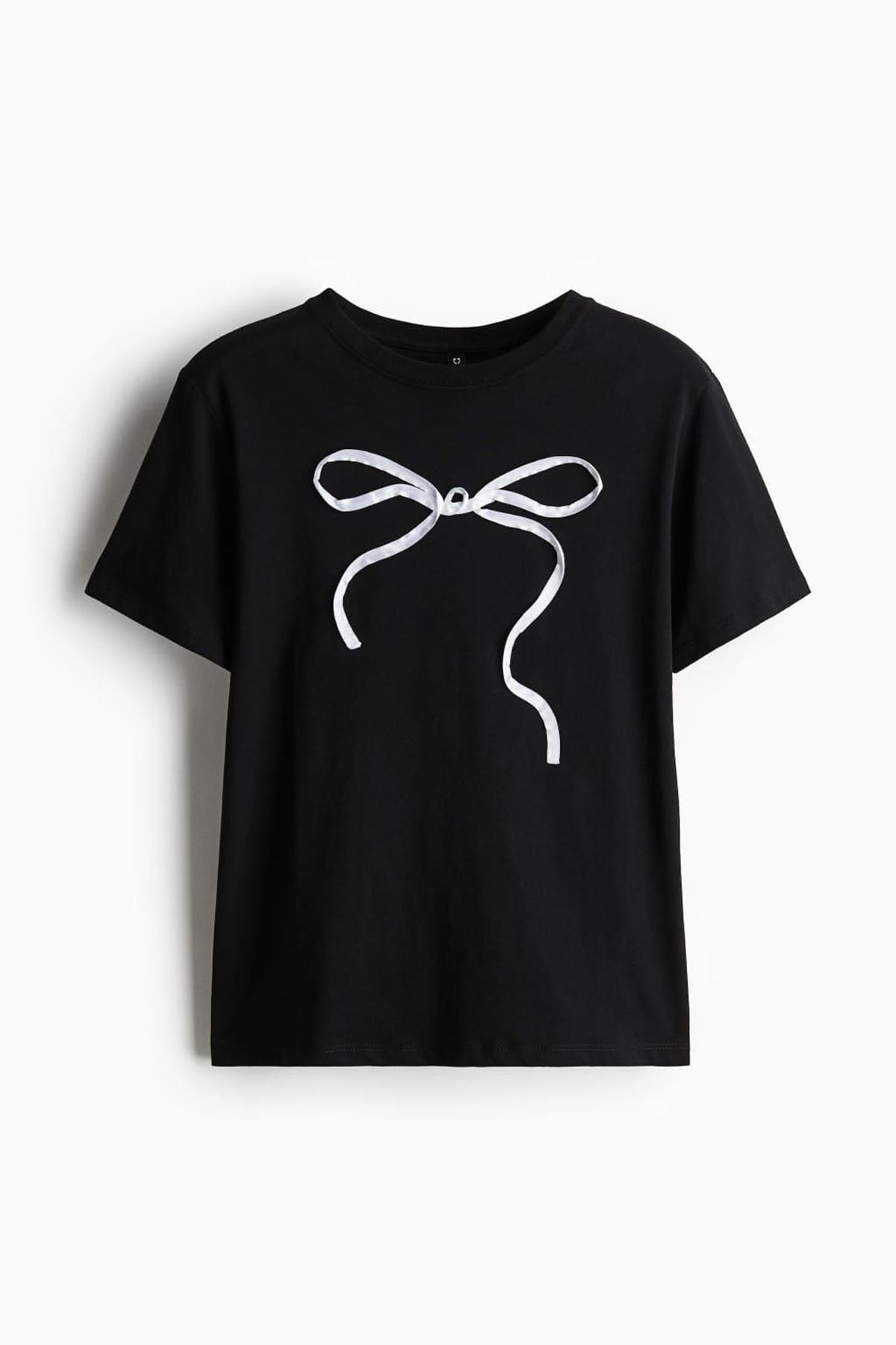 Kadın Kurdele Detaylı Tshirt - SİYAH