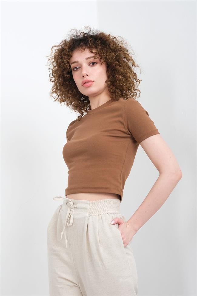 Kadın Likralı Ribana Basic Kısa Kollu Crop Tshirt - KAHVE
