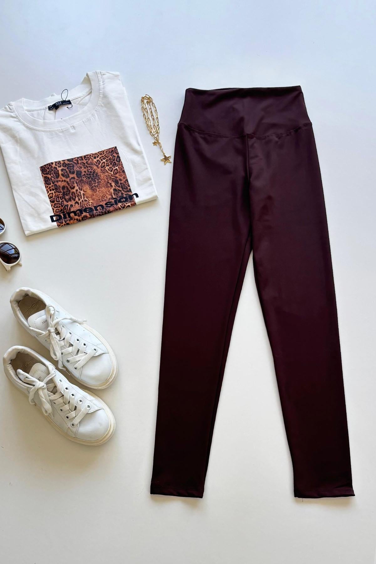 Kadın Marka Compressive Leggin Belize Kumaş Tayt - KAHVE