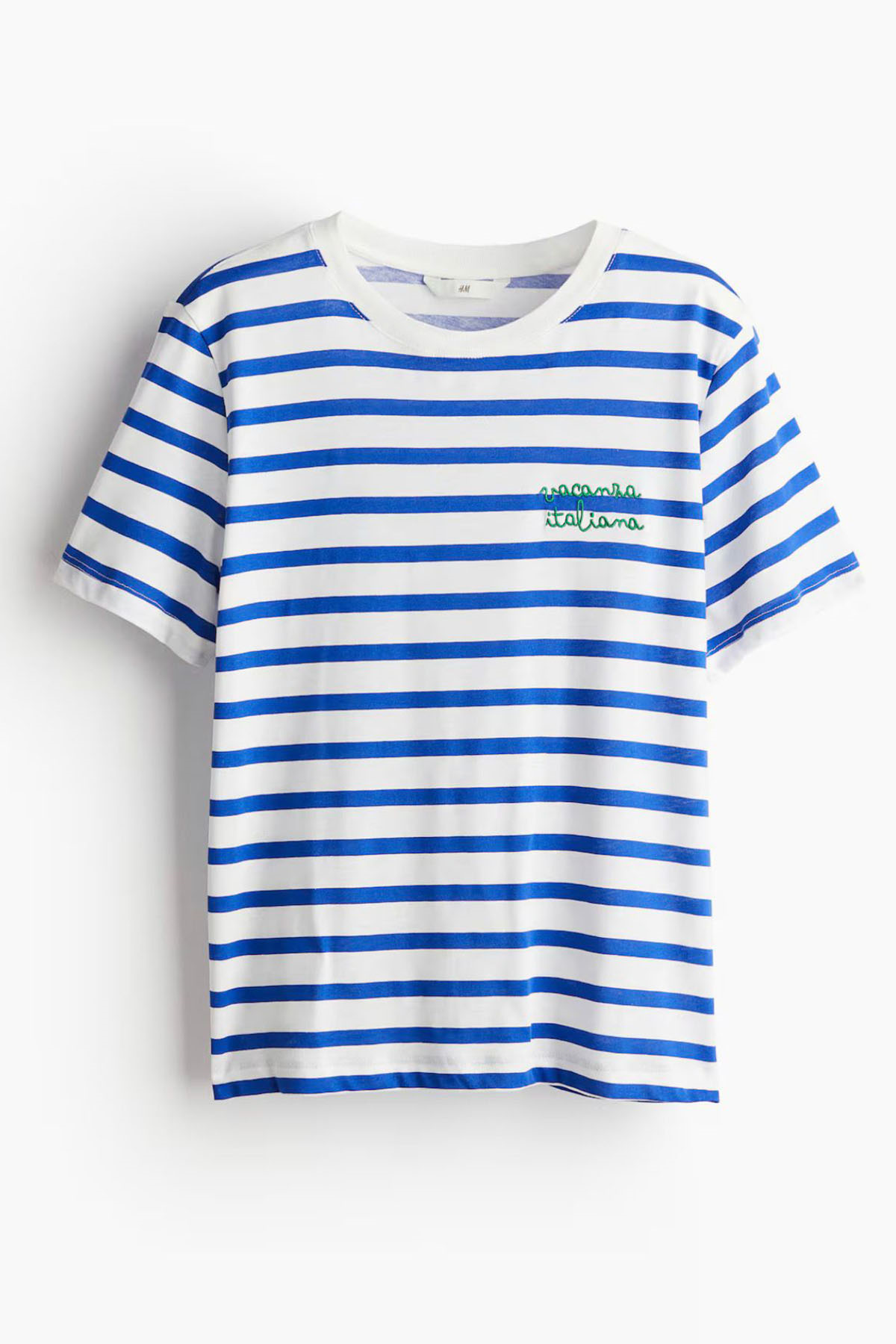 Kadın Mavi Çizgili Yazı Nakışlı Tshirt - MAVİ