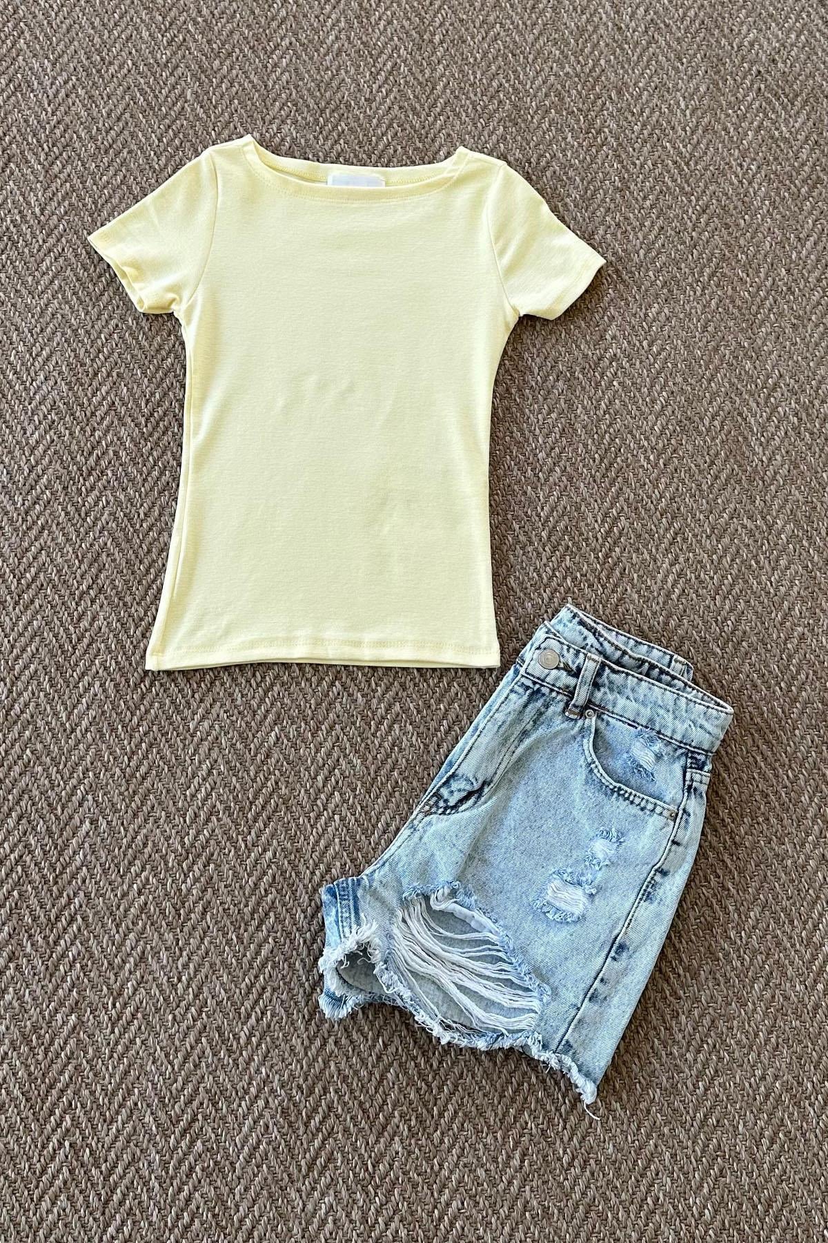 Kadın Modal Kayık Yaka Crop Tshirt - SARI