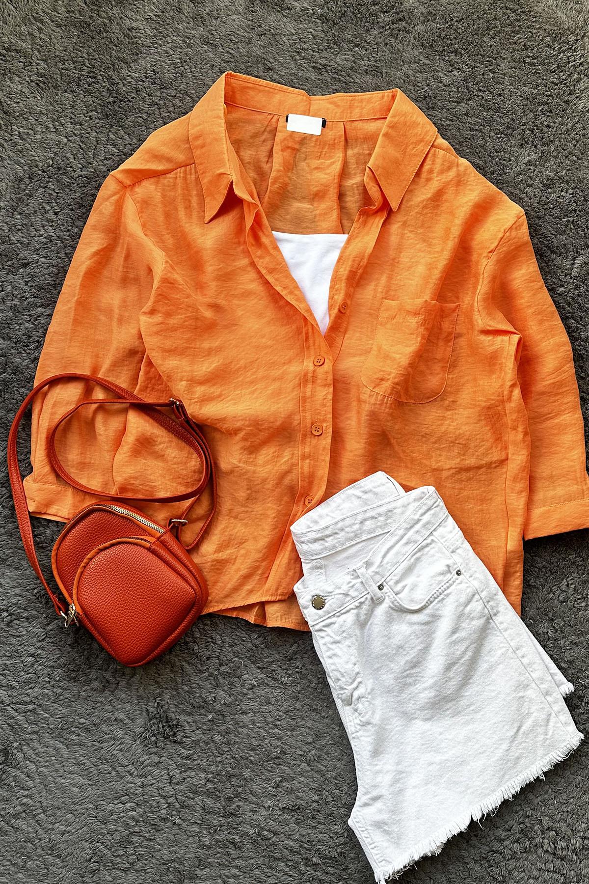 Kadın Omzu Düşük Oversize İnce Kumaş Gömlek - ORANJ