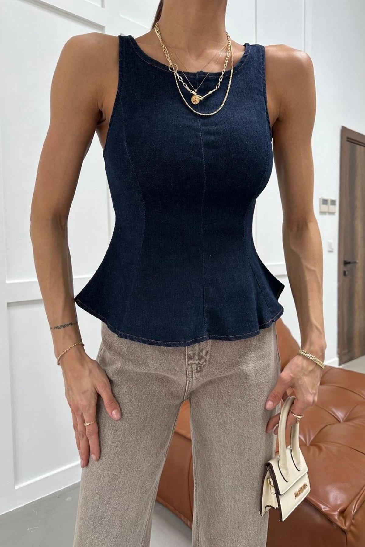 Kadın Peplum Kuplu Kolsuz Denim Bluz - LACİVERT