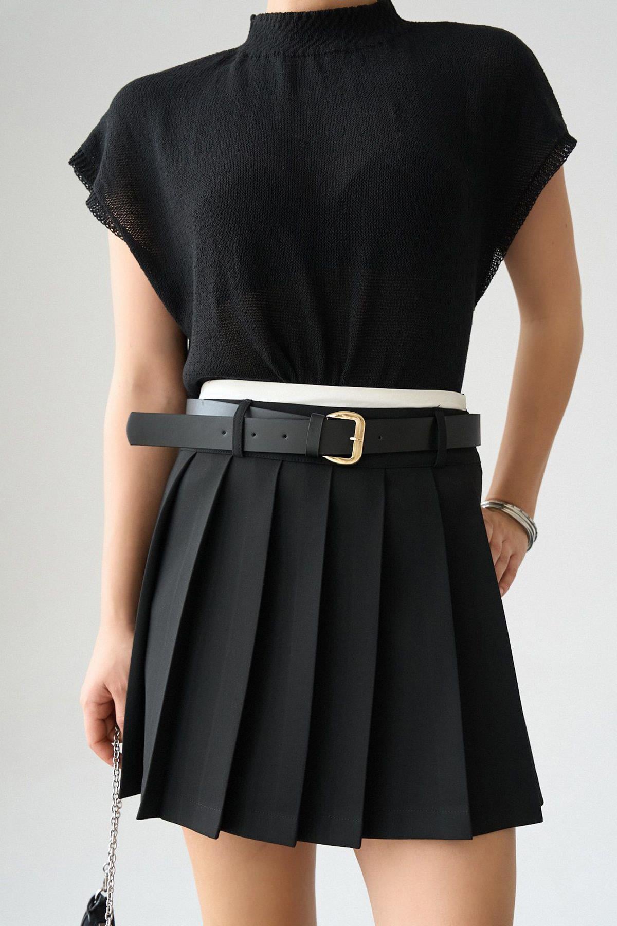 Kadın Pileli Kemerli Mini Etek - SİYAH