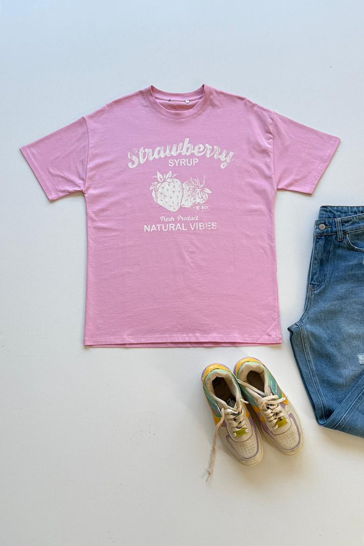 Kadın Strawberry Shrup Yazı Baskılı Tshirt - PEMBE