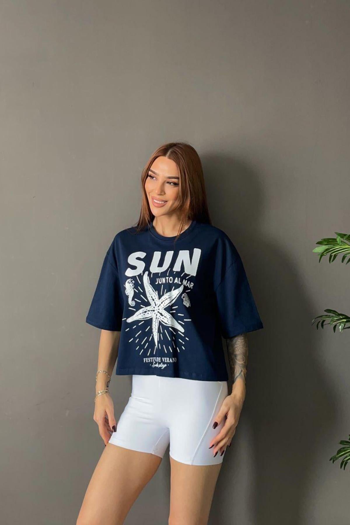 Kadın Sun Junto Al Mar Yazı Baskılı Tshirt - LACİVERT